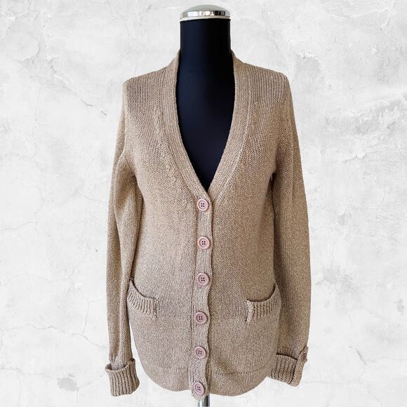 Orvis Metallic Gold Cardigan Sweater Womens Small Linen Blend Pockets - Picture 2 of 9